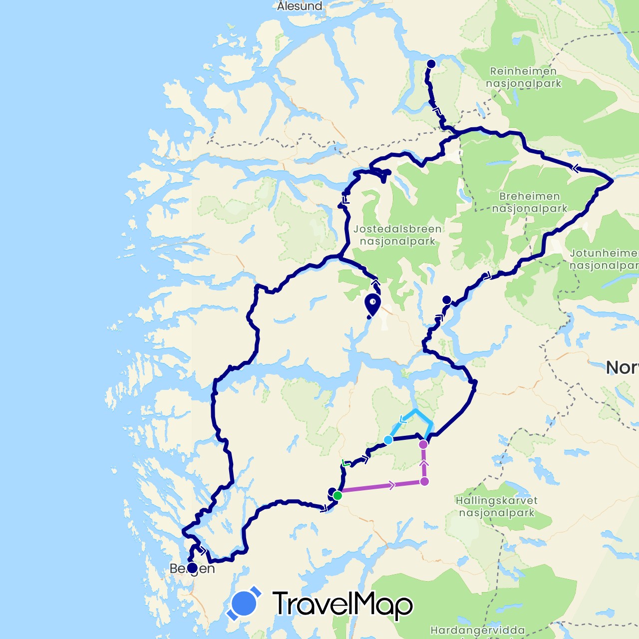TravelMap itinerary: driving, bus, train, boat in Norway (Europe)