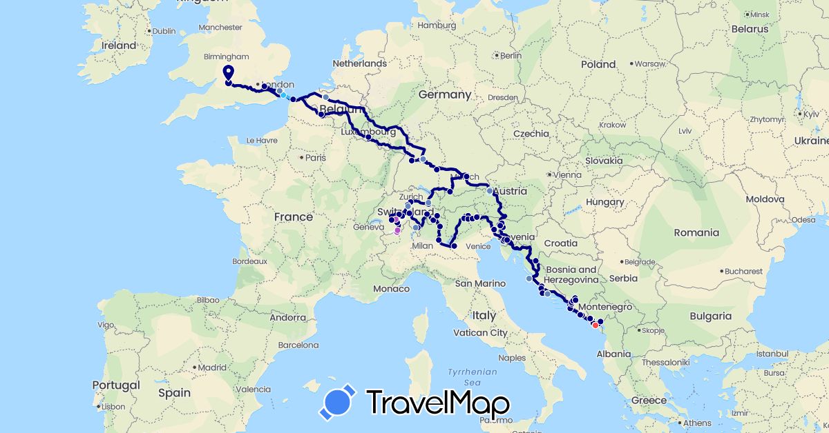 TravelMap itinerary: driving, cycling, train, hiking, boat in Bosnia and Herzegovina, Belgium, Switzerland, Germany, France, United Kingdom, Croatia, Italy, Liechtenstein, Luxembourg, Montenegro, Slovenia (Europe)