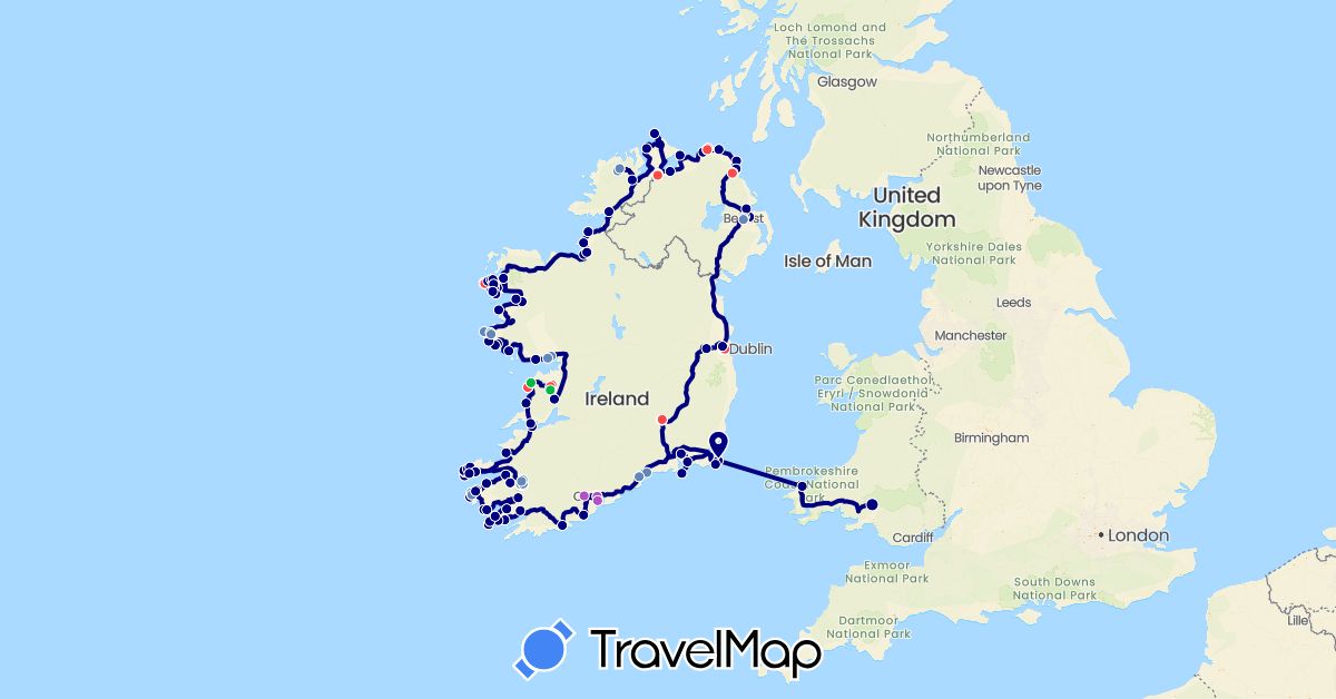 TravelMap itinerary: driving, bus, cycling, train, hiking in United Kingdom, Ireland (Europe)