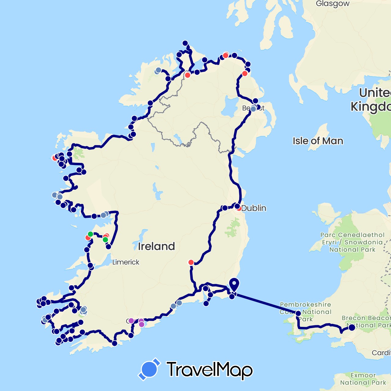 TravelMap itinerary: driving, bus, cycling, train, hiking in United Kingdom, Ireland (Europe)