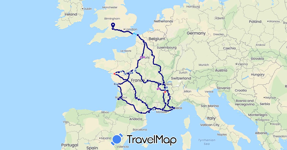 TravelMap itinerary: driving, cycling, train, hiking, boat in France, United Kingdom (Europe)