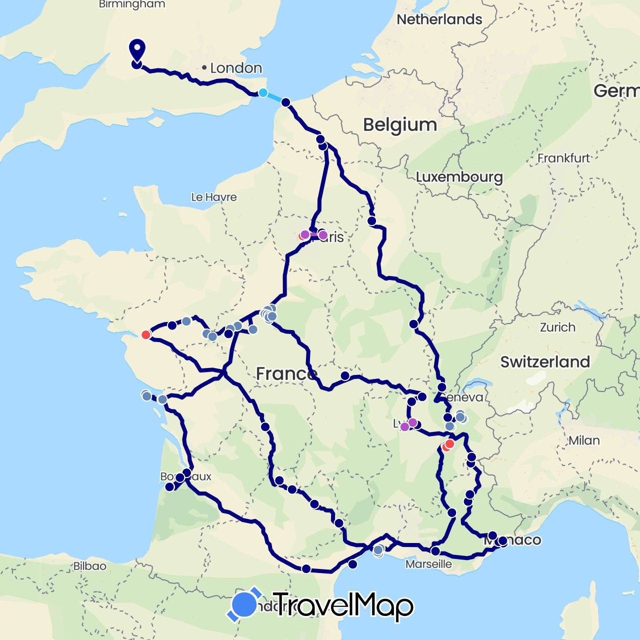 TravelMap itinerary: driving, cycling, train, hiking, boat in France, United Kingdom (Europe)