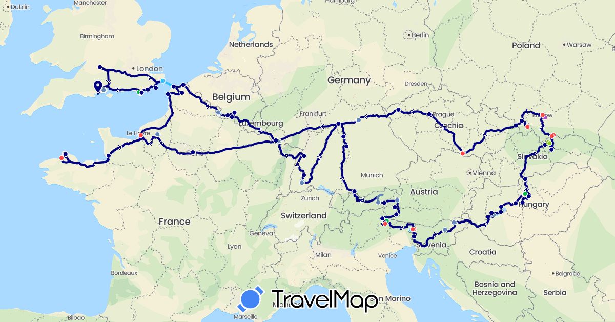 TravelMap itinerary: driving, bus, cycling, train, hiking, boat, electric vehicle in Austria, Belgium, Czech Republic, Germany, France, United Kingdom, Hungary, Italy, Poland, Slovenia, Slovakia (Europe)