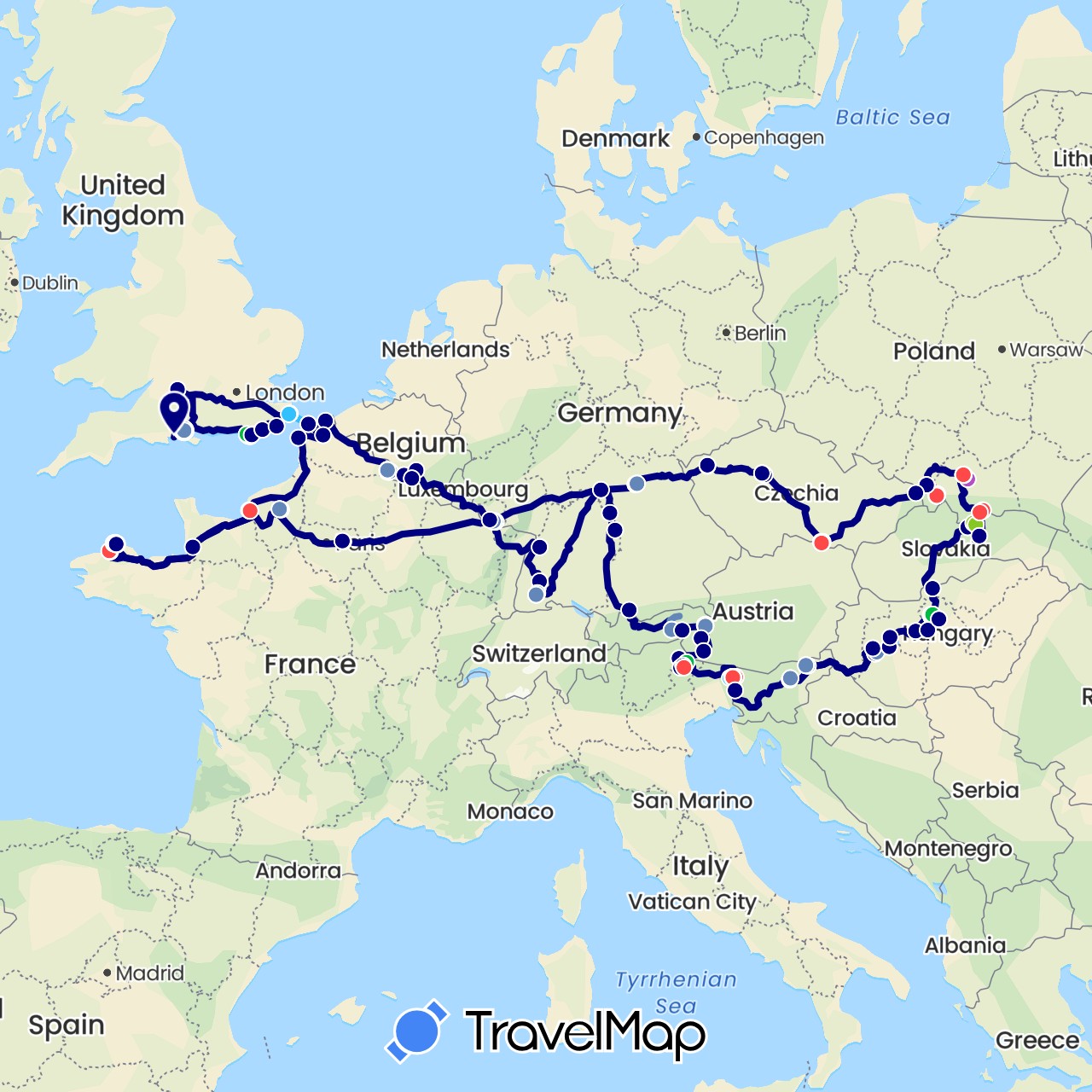 TravelMap itinerary: driving, bus, cycling, train, hiking, boat, electric vehicle in Austria, Belgium, Czech Republic, Germany, France, United Kingdom, Hungary, Italy, Poland, Slovenia, Slovakia (Europe)