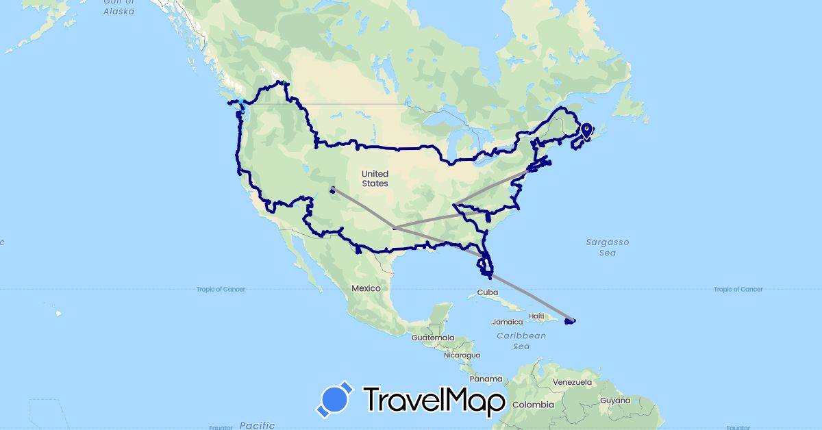 TravelMap itinerary: driving, bus, plane, cycling, train, hiking, boat, gondola, chair lift in Canada, Mexico, United States (North America)