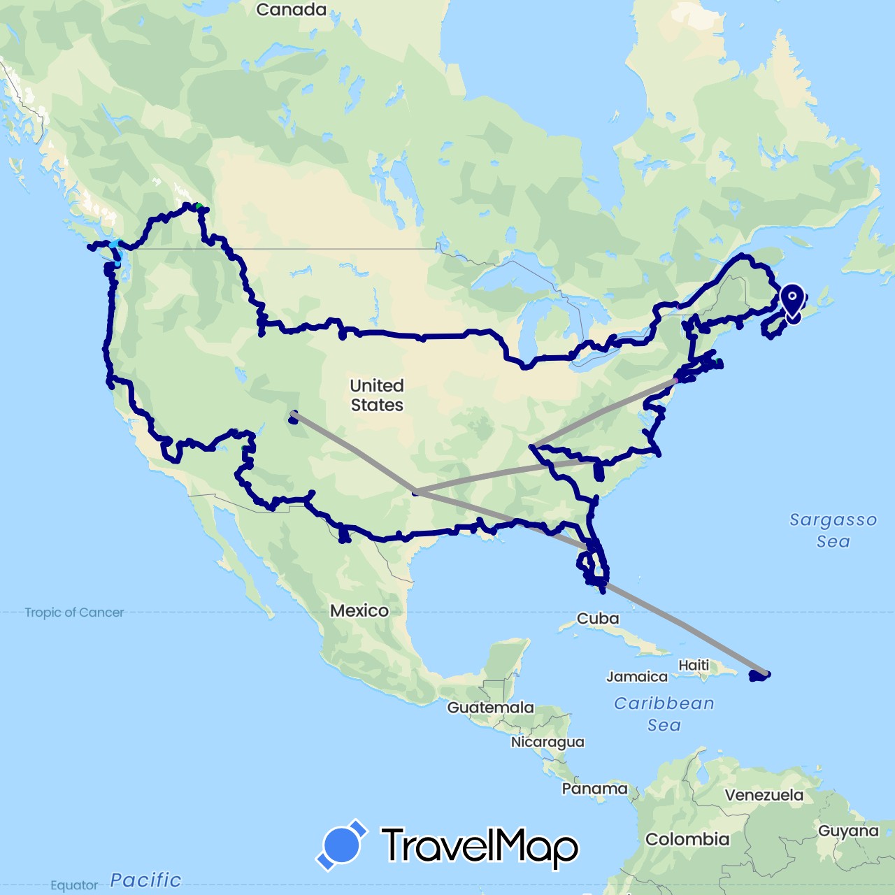 TravelMap itinerary: driving, bus, plane, cycling, train, hiking, boat, gondola, chair lift in Canada, Mexico, United States (North America)