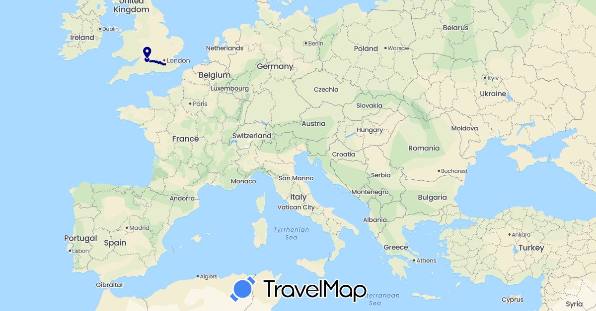 TravelMap itinerary: driving, bus, cycling, train, hiking, boat in Albania, Belgium, Bulgaria, Germany, France, United Kingdom, Greece, Hungary, Macedonia, Poland, Romania, Serbia, Slovakia (Europe)