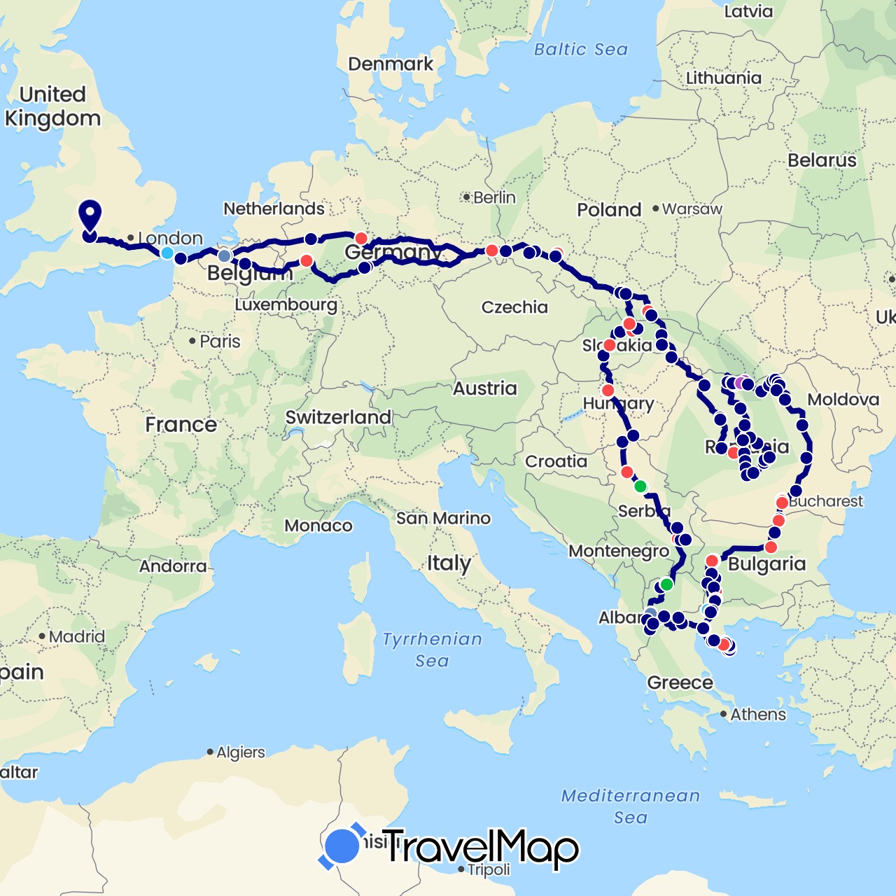 TravelMap itinerary: driving, bus, cycling, train, hiking, boat in Albania, Belgium, Bulgaria, Germany, France, United Kingdom, Greece, Hungary, Macedonia, Poland, Romania, Serbia, Slovakia (Europe)