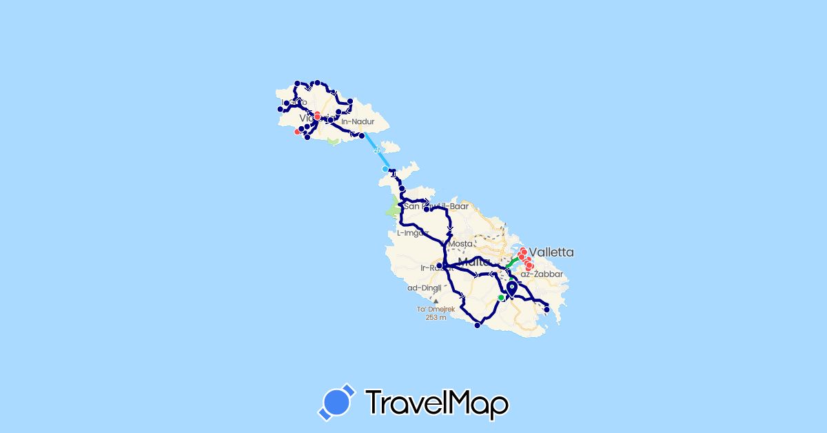 TravelMap itinerary: driving, bus, hiking, boat in Malta (Europe)