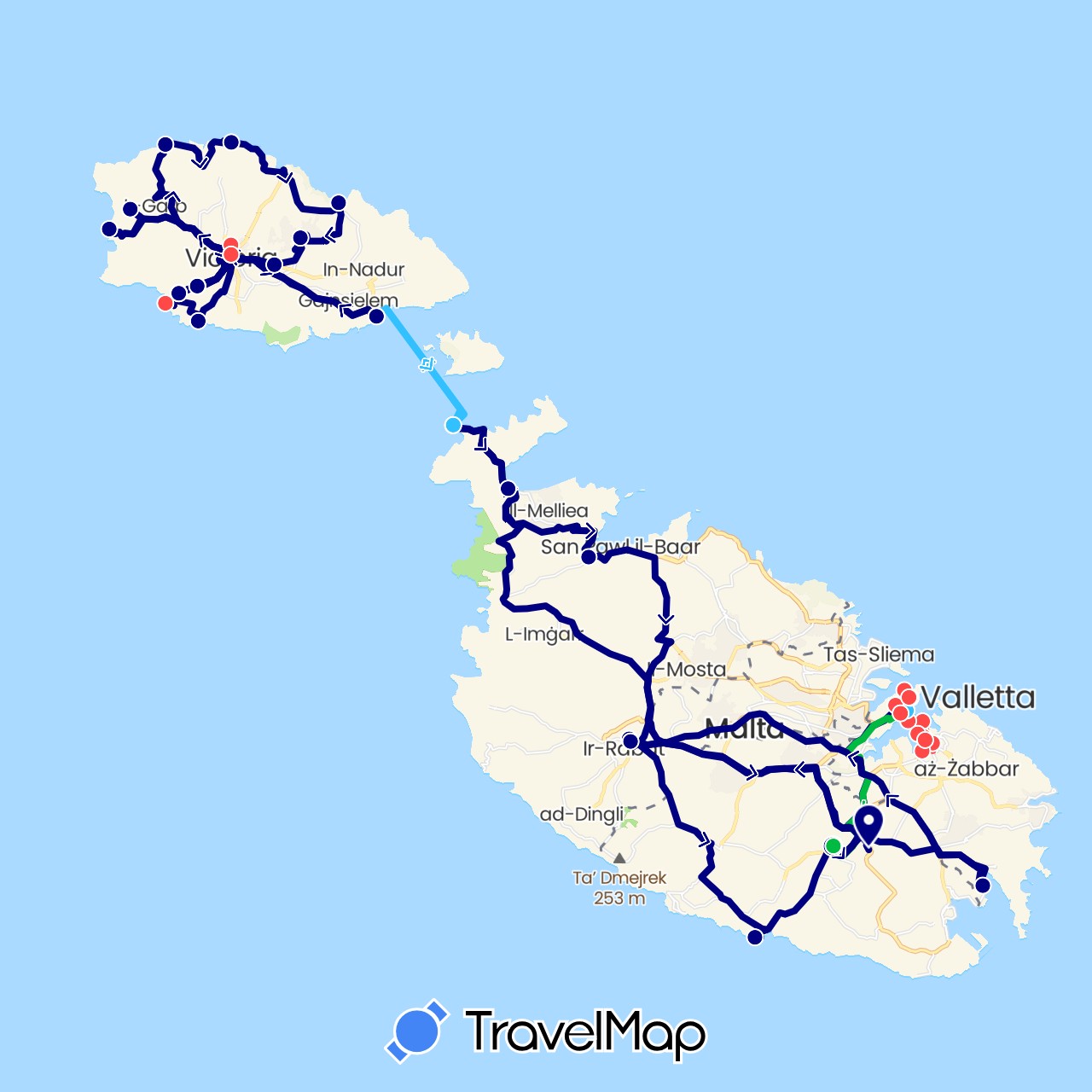 TravelMap itinerary: driving, bus, hiking, boat in Malta (Europe)