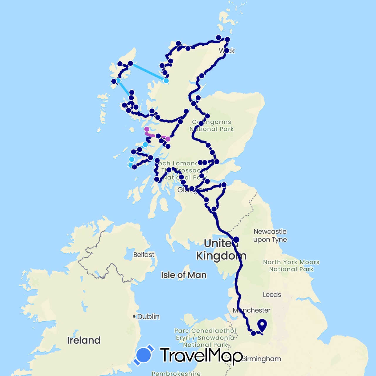TravelMap itinerary: driving, train, boat in United Kingdom (Europe)